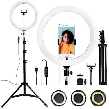 Imagem de Kit Completo Iluminador Ring Light 12 Polegadas, 30 cm, com Tripé e Dimmer para Gravação Profissional - Anel de Led com Três Tonalidades de Luz
