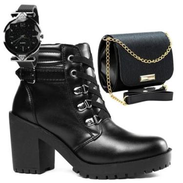 Imagem de Bota Feminina Tratorada Inverno Frio Conforto + Bolsa pequena e relógi