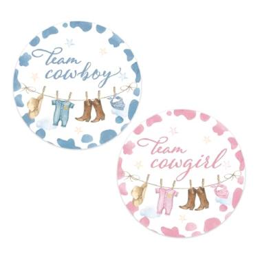 Imagem de JarThenaAMCS 100 peças de adesivos de papel de revelação de gênero ocidental, roupas de bebê, decalque com estampa de vaca, adesivo autoadesivo de equipe de cowboy ou vaqueira para chá de bebê