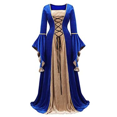 Imagem de Lehauya Fantasia renascentista para mulheres, vestido de festa medieval, vestido de veludo, vestido irlandês, fantasias de Halloween, Azul, XXG