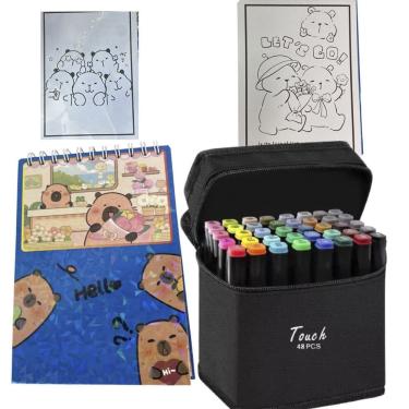 Imagem de Canetinhas 48 Cores Livro De Pintar Capivara Fofa Feliz 50 Folhas Desenho Pintura Hobbie