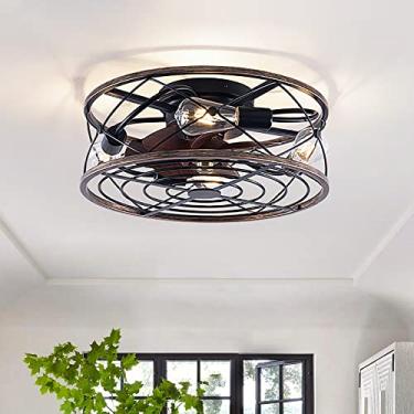 Imagem de Ventiladores de teto retrô com luzes e remoto Ventiladores de teto silenciosos E27 com lâmpadas Gaiola de ferro Lustres industriais reversíveis com temporizador de 6 velocidades com ventilad