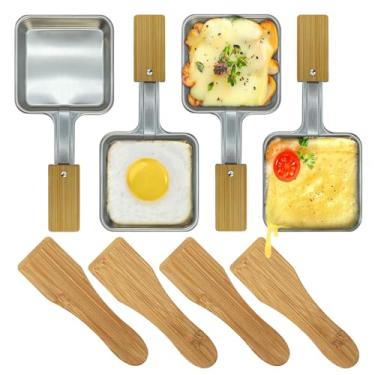 Imagem de Frigideira quadrada de aço inoxidável sem revestimento, mini Raclette Grill Pan de queijo Raclette de substituição com alça de bambu (4 peças)