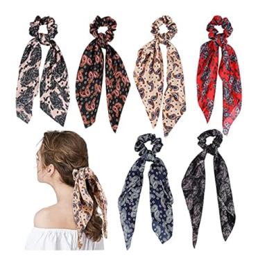 Imagem de 6 peças de laços de cabelo com laços, fitas de cabelo para mulheres, cachecol, elásticos de cabelo, prendedor de rabo de cavalo de cetim