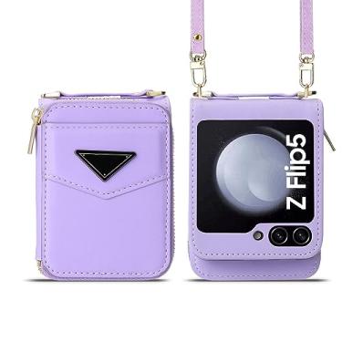 Imagem de Capa tipo carteira transversal para celular Samsung Flip5 Flip4 5G porta-cartões com cordão cordão de couro, roxo, para Galaxy Z Flip4 5G