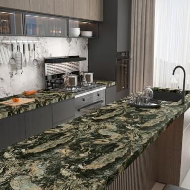 Imagem de FANCYEASY Papel de contato de mármore preto fosco para bancadas, papel de parede de mármore à prova d'água para cozinha 39,9 cm x 299,7 cm papel de contato de granito preto dourado removível rolo de