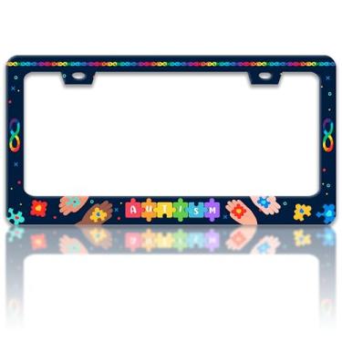 Imagem de Moldura para placa de licença autismo, quebra-cabeça, conscientização, suportes de placa de licença engraçados, aço inoxidável, suporte de acessórios automotivos, 2 furos com parafusos, molduras