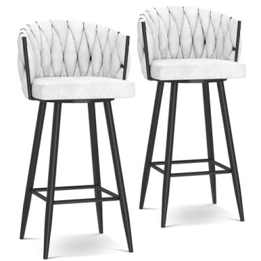Imagem de Banquetas de bar giratórias modernas de 360°, cadeiras de cozinha estofadas de altura de bar com pernas de aço e apoio para os pés, perna branca e preta, 2 peças