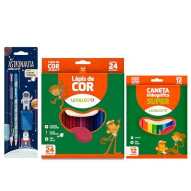 Imagem de Kit Material Escolar Lápis de Cor 24 Cores + Canetinha 12 Cores + Kit Temático com Lápis, Borracha e Apontador - Leo e Leo (Astronauta)
