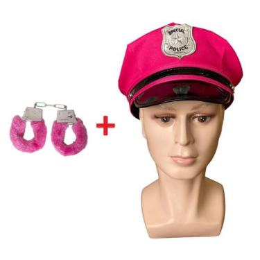 Imagem de Kit Boina Chapéu Quepe Policial Rosa Pink +Algemas Fantasia - Blook