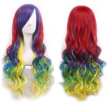 Imagem de IMISSU Peruca cosplay de cabelo natural cacheado longo com franjas coloridas perucas de festa de fantasia de Halloween (Amarelo Verde Vermelho)