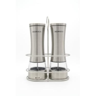 Imagem de Moedor de Pimenta e Sal Deoroca Inox com Suporte – Kit 2 Unidades com Pincel e Colher, Ajuste de Moagem e Tampa Protetora – Design Premium