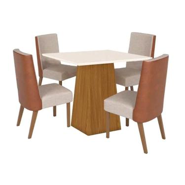 Imagem de Sala De Jantar Completa Dora Tampo Madeirado 90x90cm E 4 Cadeiras Anne Nature-courano-linho - Henn