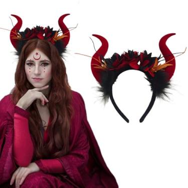 Imagem de Ncozwo Devil Horns Headband Flowers Red Demon Horns Hair Hoop Halloween Gothic Witch Horn Hairband Day of The Dead Headpiece Flowers Crown Hair Accessories for Carnival Makeup Party