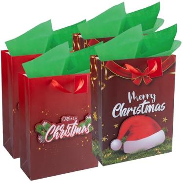 Imagem de RACHELLE'S Sacos de presente de Natal – Grande 40,6 x 30,5 x 12,7 cm (pacote com 4) – Sacos de presente de papel resistente com papel de seda, etiqueta e alça – Guirlanda de Natal e desenhos de chapéu