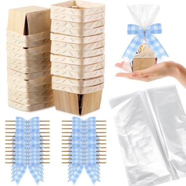 Imagem de Kigley Conjunto de 24 cestas de presente de madeira vazias pequenas cestas de presente com sacos de celofane kit de cesta para Páscoa, faça você mesmo, colheita de frutas, aniversário, casamento, laço