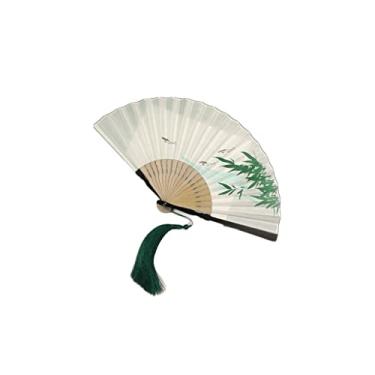 Imagem de HSYHKDSY Ventoinhas dobráveis Ventiladores de mão dobráveis chineses vintage ventilador portátil dobrável com borla algodão clássico cânhamo bambu ventilador dobrável meninas