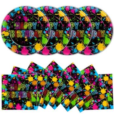 Imagem de 48 peças de pratos e guardanapos de papel neon que brilham no escuro decorações de festa de aniversário neon respingos de tinta suprimentos de festa de aniversário colorido grafite descartável para