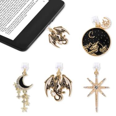 Imagem de Aposwow Pingente de plugue de poeira de dragão - 4 peças de plugue de poeira dragão lua estrela tipo C com Kindle e telefone USB C pingente de porta de carregamento para acessórios Kindle para