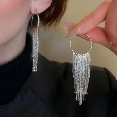 Imagem de Brincos de borla boho pendentes brilhantes com franja, brincos de argola boêmios, joias femininas, prata/1 par