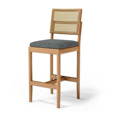 Imagem de Banqueta Milena Madeira Maciça Assento Estofado Encosto De Tela Palha Sextavada Linho Chumbo 406