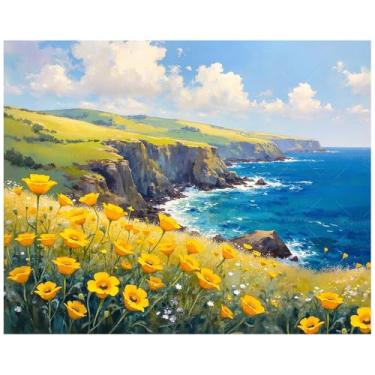 Imagem de Kit de pintura por números de penhascos costeiros para adultos - DIY vista do oceano com flores silvestres amarelas pintura de paisagem em tela 40,6 x 50,8 cm, conjunto de tinta acrílica, arte para