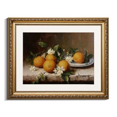 Imagem de VIYYIEA Arte de parede de natureza morta emoldurada a ouro, imagem vintage de laranjas e flores, impressão em tela de pintura a óleo de frutas ornamentadas para cozinha, sala de jantar e decoração de