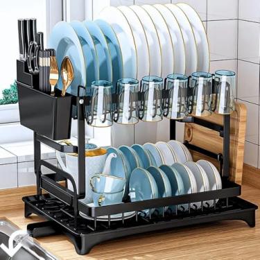 Imagem de Escorredor de Louça 2 Andares em Aço Inox Preto com Bandeja Drenante e Saída de Água 360° Porta-Pratos, Porta-Talheres e Suporte para Copos