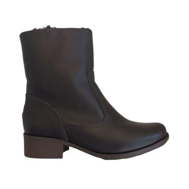 Imagem de Bota Feminina Café em Couro Forrada com Lã Salto Baixo Frio