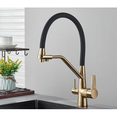 Imagem de Torneiras de cozinha filtradas purificação torneira da cozinha 360 girar filtro de água para cozinha três maneiras torneiras de cozinha, um ouro escovado