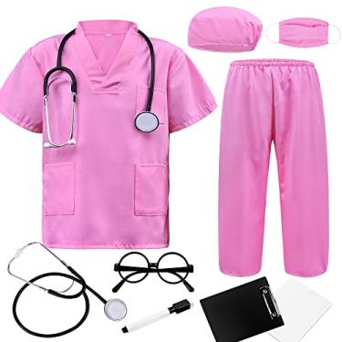 Imagem de ZZIHAN Fantasia de médico para crianças, conjunto de uniforme hospitalar rosa, fantasia de enfermeira, veterinária, casaco, acessórios, brinquedos, estetoscópio, pranchetas de amamentação para meninas