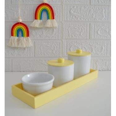 Imagem de Kit Higiene Bebê K153 Porcelana Bandeja Amarelo Azul Rosa Cinza Safari