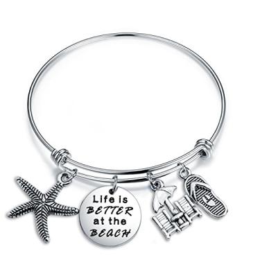 Imagem de ENSIANTH Joias de praia de verão Life is Better at The Beach Charm Bracelet, melhor presente para amantes da praia, One Size, Aço inoxidável