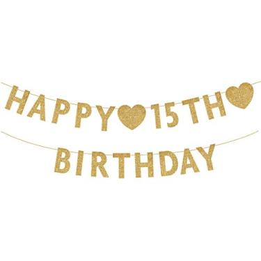 Imagem de Faixa dourada de feliz aniversário de 15 anos, decoração de festa de menino ou menina com glitter, suprimentos