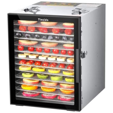 Imagem de Desidratador de Alimentos Profissional com 12 Bandejas de Aço Inoxidável e Temporizador, 110V 800W, Tinzida, Prata