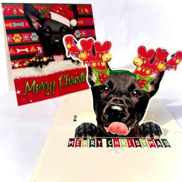 Imagem de Cartão Pop Up de Natal Pastor Alemão Negro – Cartão comemorativo de Natal 3D com pastor alemão com chifres de rena festivos, perfeito para amantes de cães, vale-presente de Natal exclusivo para amigos