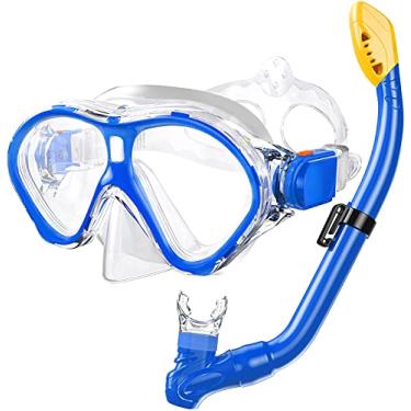 Imagem de Conjunto de Snorkel Infantil Gintenco, Máscara de Snorkel de Cano Seco, Anti-Vazamento para Crianças Júnior, Anti-Neblina, Sem Engrenagem, Respiração de Vidro Temperado, Óculos de Mergulho para Mergulho e Vista Panorâmica 180°, Azul