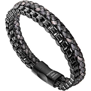 Imagem de Pulseira masculina murtoo de couro e aço, corrente de aço inoxidável e pulseiras de couro para homens