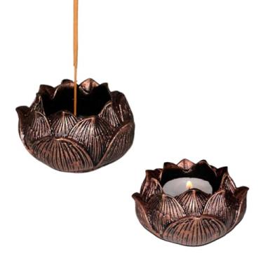 Imagem de Flor de Lótus Incensário Vareta e Castiçal Porta Vela Rechaud Bronze em Resina