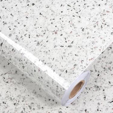 Imagem de A-b-cil Papel de parede de granito branco cinza 1,00 m x 40,64 cm Terrazzo papel de parede autoadesivo à prova d'água para bancadas de cozinha, balcões, papel de parede