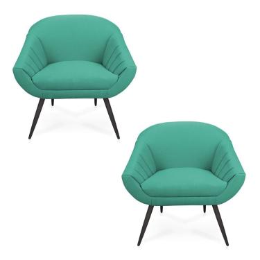 Imagem de Kit 02 Poltronas Giovana Linho Pés Palito De Ferro A115 Azul Pavão