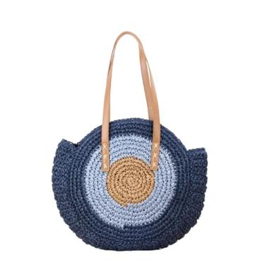 Imagem de SHAREYOIU Bolsa feminina redonda de palha, bolsa de ombro, bolsa de praia com alça superior, nº 3 grande azul