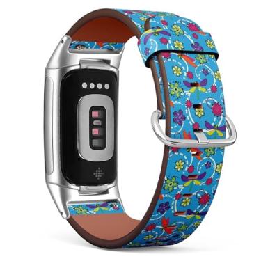 Imagem de Pulseira de couro de substituição para relógio Fitbit Charge 5/Fitbit Charge 6 (flor de libélula) para smartwatch para mulheres e homens