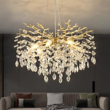 Imagem de EGM Lustre De Cristal De Galho De Árvore Dourado, Luminárias De Teto De Cristal Modernas Em Formato De Gota De Chuva, 8 Luzes (E12), Lustres Redondos Dourados Pendurados Para Sala De Jantar, Sala De