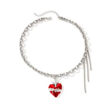 Imagem de liveliwithmin Colar gargantilha gótico de coração vermelho longo com borla para mulheres punk em forma de coração demoníaco joia moderna coroa coração declaração colar colar joia de presente de