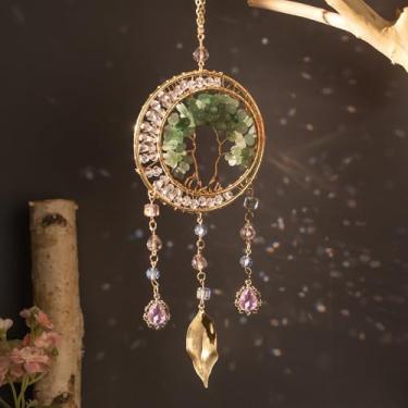 Imagem de Apanhador de sol de cristal turquesa verde, apanhador de sol de árvore da vida Dreamocean para janelas, enfeite de pendurar apanhador de sonhos para parede de carro, casa, decoração interna e externa