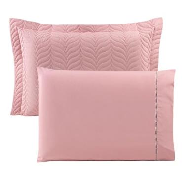Imagem de Kit 2 Porta Travesseiros 80x55 + 2 Fronhas 70x50 Paris – Algodão 100% Percal 150 Fios – Maciez, Conforto e Acabamento Sofisticado - Rosê