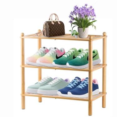 Imagem de SHIISEWE Sapateira de bambu para armário, sapateira branca empilhável de 3 camadas mais longa, prateleira de bambu para sapato, 12 a 15 pares para garagem de entrada, espaço pequeno, prateleira