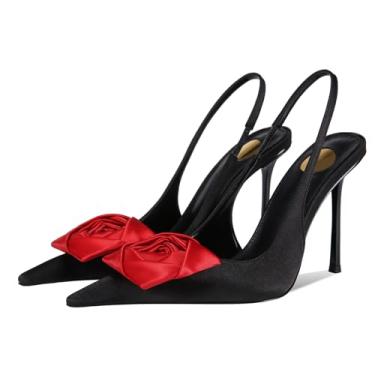 Imagem de CAGLGLZ Salto alto floral para mulheres, bico fino, fechado, salto stilettos, sem cadarço, tira elástica no tornozelo, slingback, moda, festa, elegante, sandálias femininas, Preto, 40
