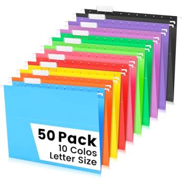 Imagem de Pacote com 50 pastas de arquivo suspensas sortidas, tamanho carta com 55 cartões de etiquetas transparentes, 60 etiquetas adesivas, abas cortadas em 1/5 – Escritório doméstico e armários de arquivo